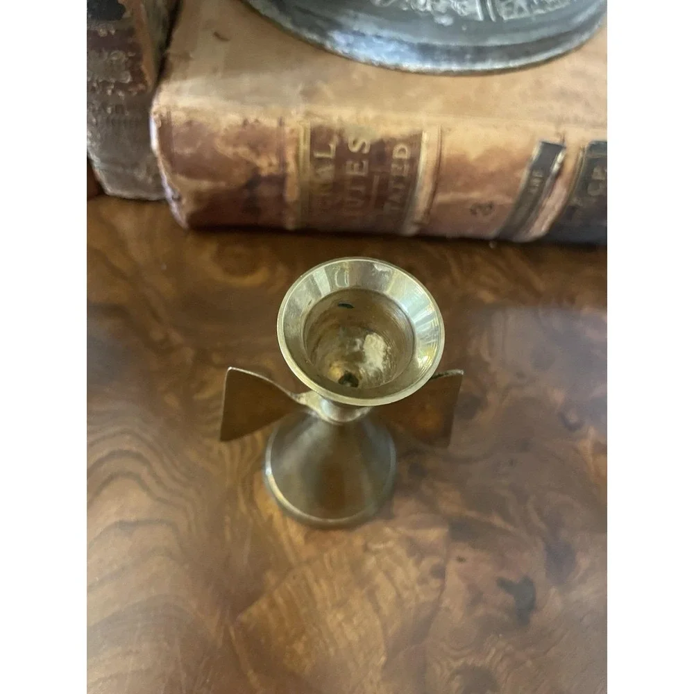 Vtg Solid Brass Angel Wing Candle Holder 4